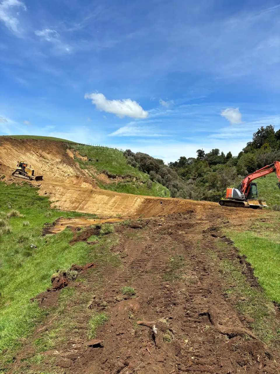 New track formed across a steep green hillside