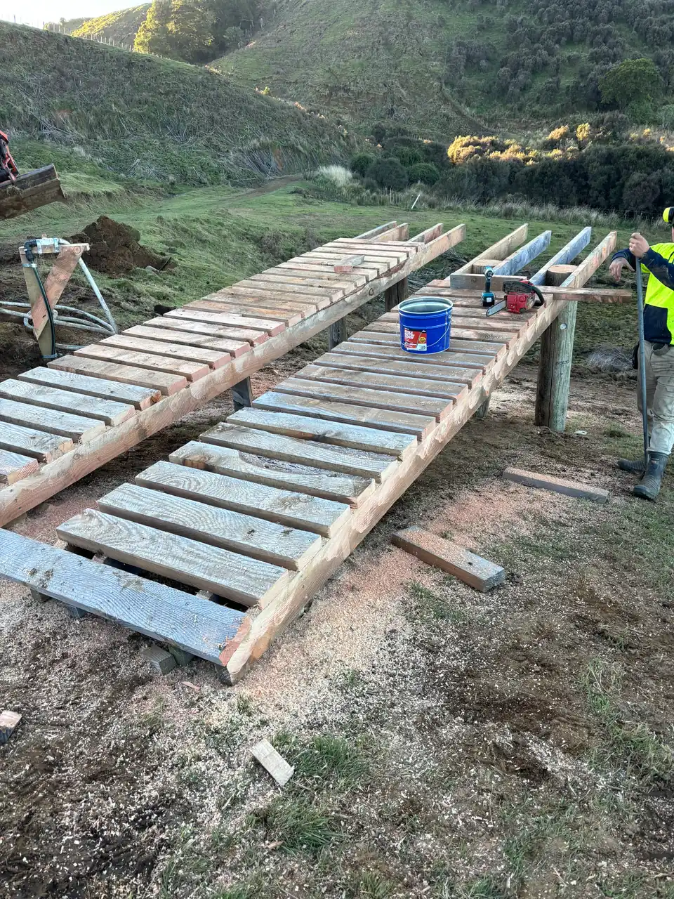 Timber bridge deck sections being built on site